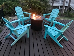 Gas Firepit with 4 Adirondack Chairs and Gas Grill on the back deck