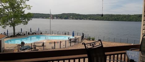 Amazing view of main channel, pool and hot tub from your balcony!