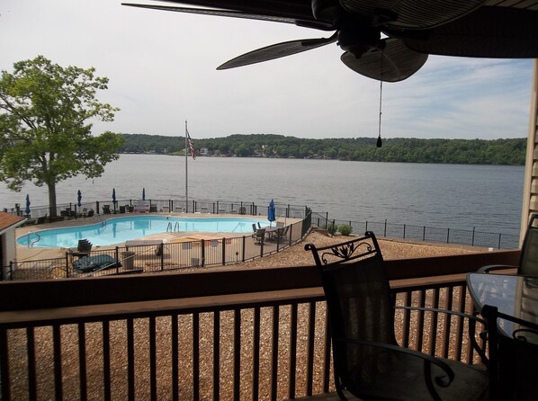 Amazing view of main channel, pool and hot tub from your balcony!