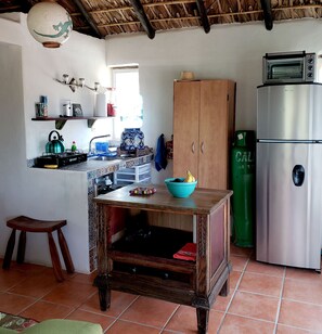 Kitchen has new fridge and a toaster oven.