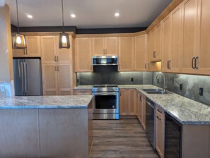 Brand new kitchen with stainless appliances and a bar fridge