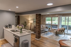 Bright open floor plan of living area.