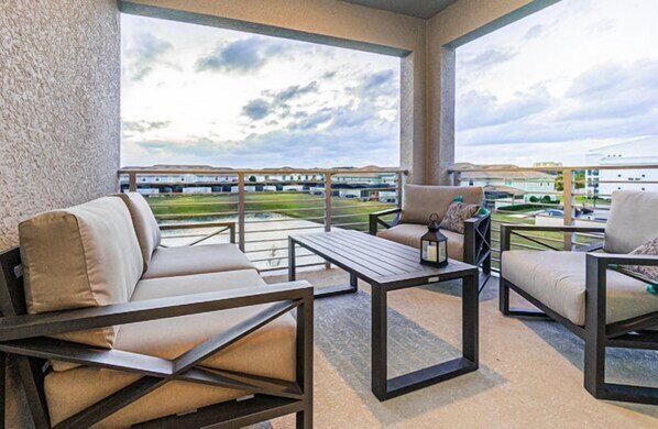 Outdoor Patio area Overlooking pond with Amazing Sunset Views