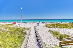 Hutchinson Street Beach Access has a covered pavilion and restrooms. This is also where your complimentary beach service is located