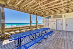 Hutchinson Street Beach Access has a covered pavilion and restrooms. This is also where your complimentary beach service is located