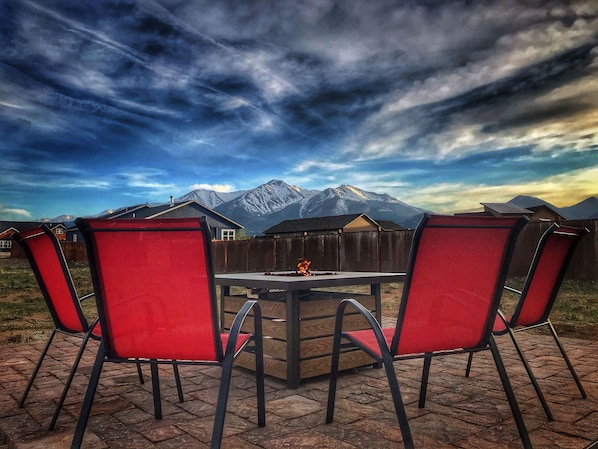 Patio & firepit with stunning views of Mt Princeton.