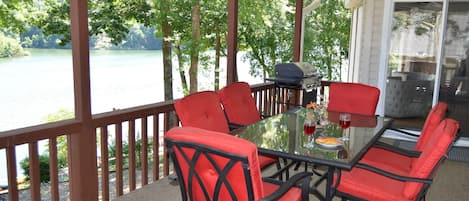 Upstairs deck with gas grill, table for 6 and glider