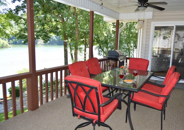 Upstairs deck with gas grill, table for 6 and glider