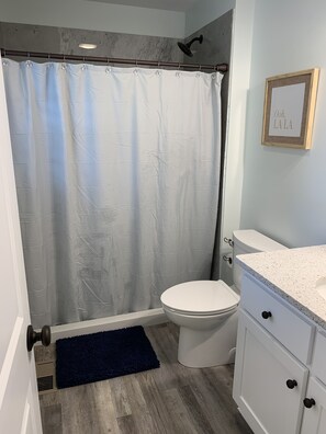 Master shower, has glass door now without shower curtain.