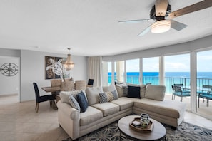Living and dining area with stunning coastal flair. All new furniture.