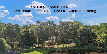 Pickleball/Basketball court, Heated Pool, Fire Pit, Canoeing, Fishing
