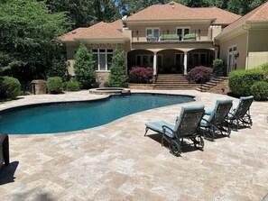 Travertine patio; salt water pool & jacuzzi