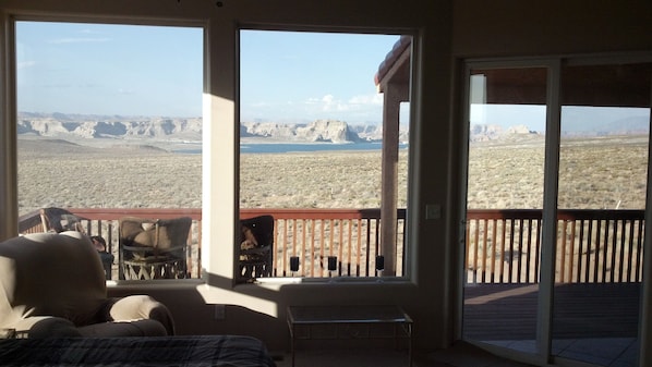 This is the view from the upstairs master bedroom with sld. door to deck.