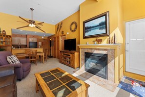 The living area features a gas fireplace, flat screen TV, and spectacular views.