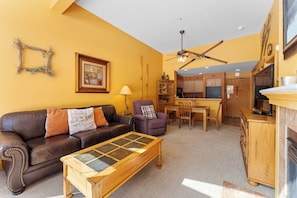 The living area features a gas fireplace, flat screen TV, and spectacular views.