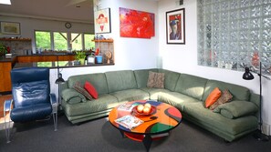 Large, comfy, suede couch