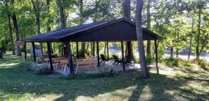 Large shelter by river is perfect for family get togethers