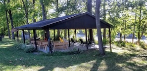 Large shelter by river is perfect for family get togethers