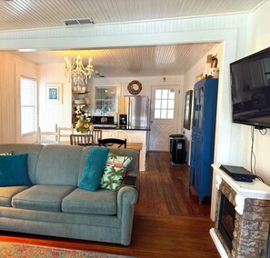 From front door, large format smart TV w/local channels, stream & Blu-ray DVD