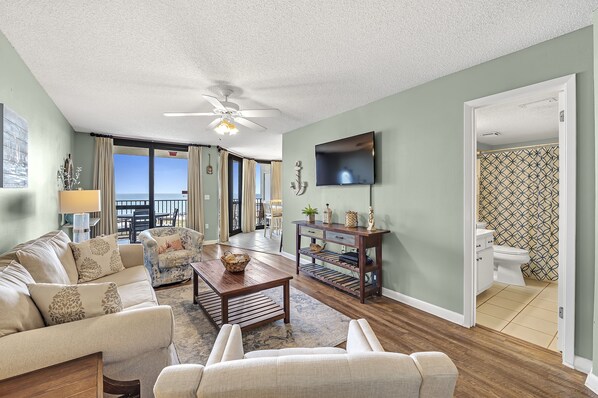 Cozy Living Area with a Sleeper Sofa and Fantastic View