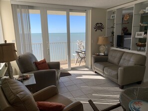 What a view!  Leather furniture.  New TV as of 12/23.