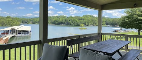 lake and mountain views from the covered porch