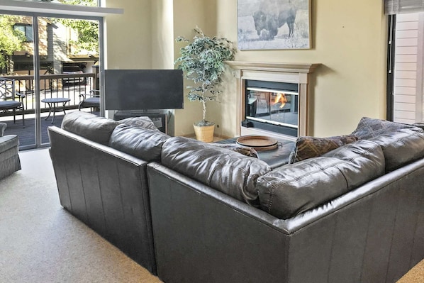 Brand new and luscious leather couch!  Fabulous Gas Fireplace with Big Screen  TV