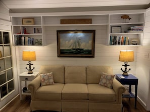 Bookcase area in new Living room at the Starfish Cottage