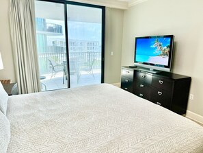 You have direct access to the balcony and a TV with smart functionality