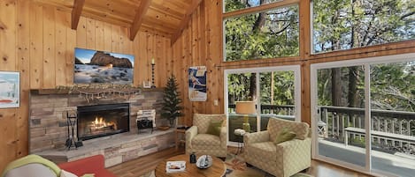 Living room with windows from floor to ceiling and cozy fireplace