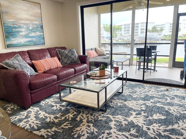 Comfortable leather sofa that pulls out to a queen size bed.