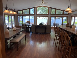 Dining, kitchen and living room view.