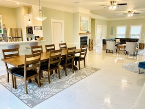 Spacious open concept kitchen, dining and living room.