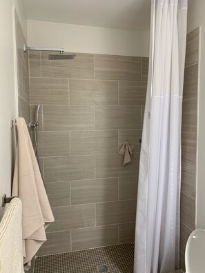Walk in shower,rainfall shower head, hand held sprayer, trax shower curtain. 