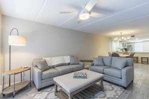 Our modern-but-cozy living space has an open floor plan so you can enjoy the beachfront view from every corner.