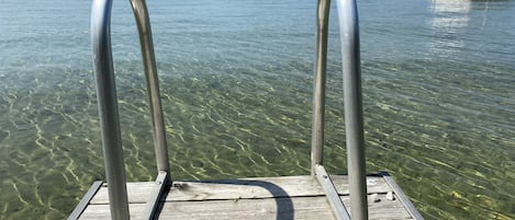 Beautiful view from the dock of the crystal clear lake with sandy bottom.  