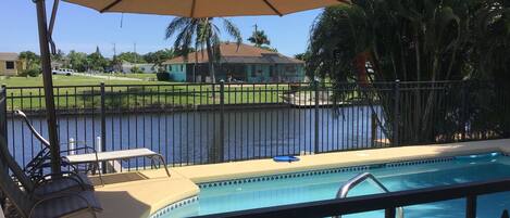 Heated pool w umbrella & comfortable seating to watch  boats and wildlife.