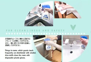 The well-touched part of the room is disinfected with alcohol. We also wear disposable gloves and clean them.