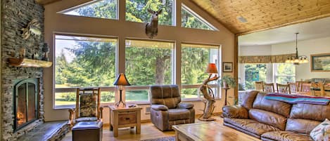 Natural light illuminates the vacation rental's rustic interior.