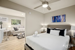 Queen bed with custom hotel quality linens