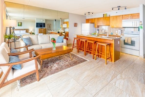 Overview of the living room and kitchen