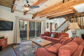 There is plenty of seating in this open living area.