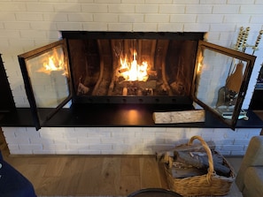 Huge firebox provides cozy setting October through March.