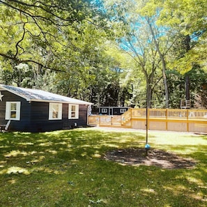 Fully enclosed deck with safety gates to the upper pool level