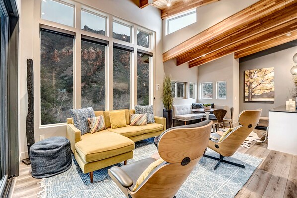 New Living Room Sofa, Modern Decor and Vaulted Ceilings