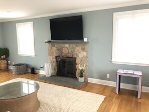 Gas fireplace in living room. 