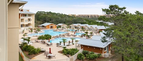 Resort view of the beautiful pools and waterfall features