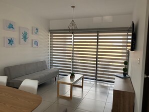 Living room with sofa bed, television with internet and Netflix