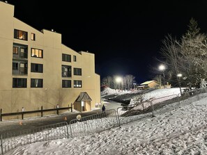 Our unit is top 4 windows with lights on. To the right is the tubing hill.