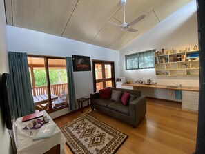 Kitchenette with bar fridge, microwave, toaster and kettle.
BBQ available.